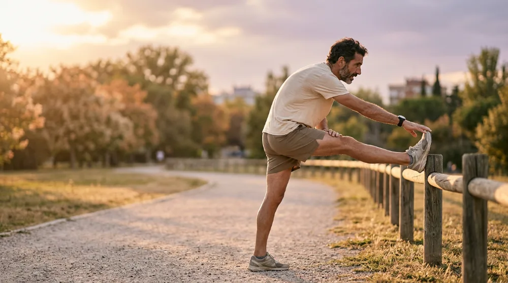 Hombre estirando después de correr en un parque al atardecer