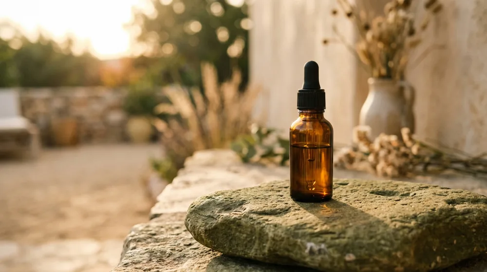 Frasco cuentagotas de sérum sobre piedra verde oliva