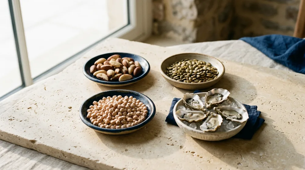 Nueces de Brasil, ostras, pipas de calabaza y garbanzos